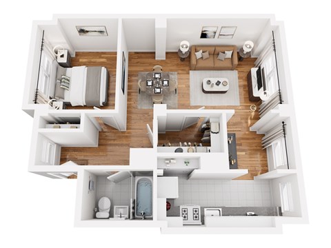 Floor plan for 1 bed, 1 bath, 750 sqft